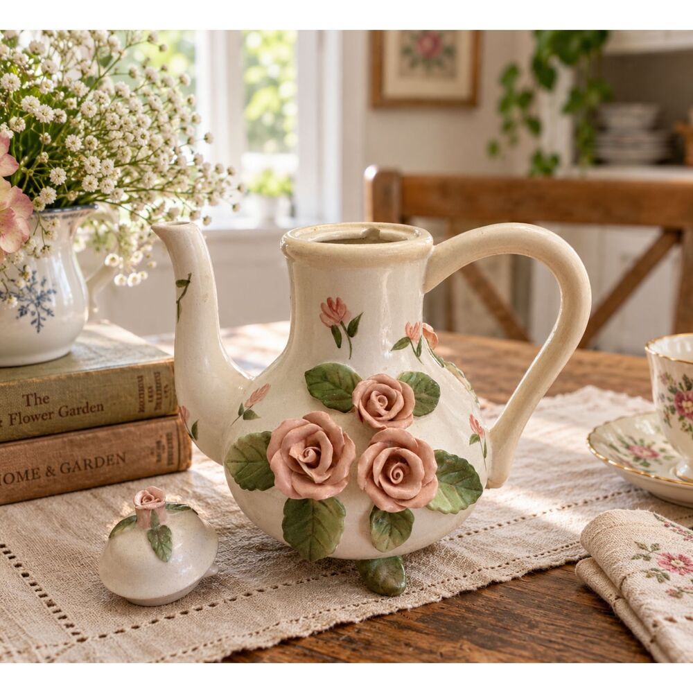 Vintage Pink Rose 3D Floral Teapot | Sculpted Porcelain Flowers